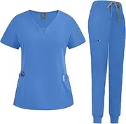 niaahinn Scrub Suit Set for Women Modern V-Neck + Leg Drawstring Jogger Pants Medical Nursing Uniforms Set