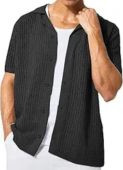 [VgueElegc] Men's Hollow Out Cardigan Vacation Shirts Men Crochet Shirt Casual Beach Male Hollow Out Cardigan Shirts Tops, Black, Small