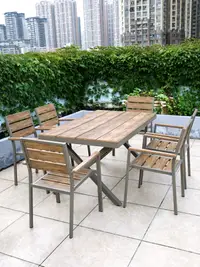 在飛比找樂天市場購物網優惠-戶外塑木桌椅庭院花園陽臺鋁合金桌椅套件歐式簡約塑木伸縮餐桌椅