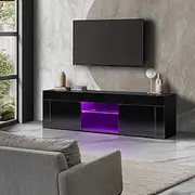 Oikiture TV Unit with LED RGB Light, 130cm Entertainment Unit with Drawers and High Gloss Finsh Black