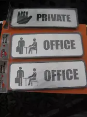 Brand New - Cosco Brushed Metal Signs, OFFICE 3" x 9"- 2 & PRIVATE Sign, 3"x 9"
