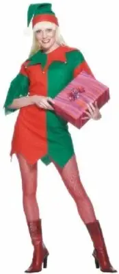Smiffys Womens Elf Costume, Hat and Tunic, Multicolored Red Green, Small
