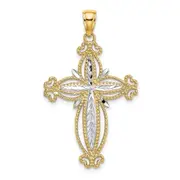 14k Yellow u0026 Rhodium Gold W/ Rhodium D/C Puffed Cross Charm