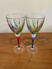 Set of two 2 Murano Wine Glass Hand Painted Multi Venice Italy Glasses
