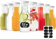 Cuiselect Water Carafe with Lid, 32 Oz Round Plastic Pitcher for Drinks, Milk, Mimosa Bar Supplies, Iced Tea, Juice Containers with Lids for Fridge, BPA-Free, NOT DISHWASHER SAFE, 8 Pack