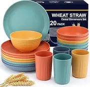 [Hotec] 20-Piece Unbreakable Wheat Straw Dinnerware Set – BPA-Free Plates, Bowls & Cups | Lightweight, Microwave & Dishwasher Safe | Multicolor Reusable Tableware for Home & Outdoor Use