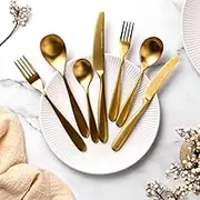 Sherwood Nouveau 56 Piece Cutlery Complete Set Stainless Steel Matte Finish Elegant Detailing for Dining Table - Knife Fork Spoon Teaspoon - Gold