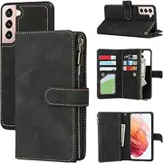 [Cavor] for Galaxy S21+ Case, Samsung Galaxy S21 Plus 5G Case[6.7 inch] PU Leather Folio Flip Cover Kickstand 2 in 1 Detachable Wallet Magnetic Case Zipper Coin Pocket 6 Card Slots-Black