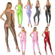Women's Shiny Open Crotch Sleeveless Jumpsuit Full Body Bodysuit Glossy Smooth
