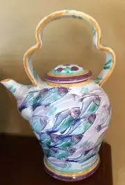 Signed Tea Pot Pottery Fish Pattern Blue Purple Yellow Mint Condition Make Offe