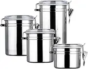 Set of 4 Stainless Steel Airtight Jars with Clear Sealing Lids and Locking Clips, Kitchen Jars, Countertop Food Storage Containers for Flour, Tea, Candy, Biscuits, Cereals, Coffee Storage