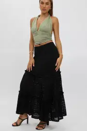 Black Lace Maxi Skirt Elastic Waist Tiered Lined - Size 12M, Women's A Line Skirt