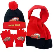 Kids Cars Lightning Mcqueen Cartoon Warm Knit Hat Scarf And Gloves Set Kit For 3-8 Years Black Red