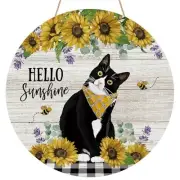 Hello Sunshine Sunflower Cat Door Sign Wood Door Hanger for Outdoor Outside