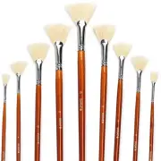 Artist Fan Paint Brush Set of 9, White Hog Bristle Natural Hair Anti-Shedding...