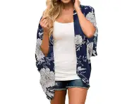 Strapsco Women's Summer Floral Print Kimonos Loose Half Sleeve Chiffon Cardigan Blouses Casual Cover Up - Navy White Flower