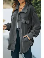 Gray Turn Down Collar Buttoned Shirt Jacket