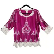 Ultra Pink NEW Magenta Embroidered Crochet Lace Boho Peasant Top Small