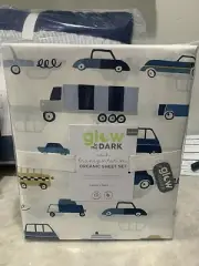 Pottery Barn Kids Noah Transportation glow in the dark QUEEN sheet set truck car