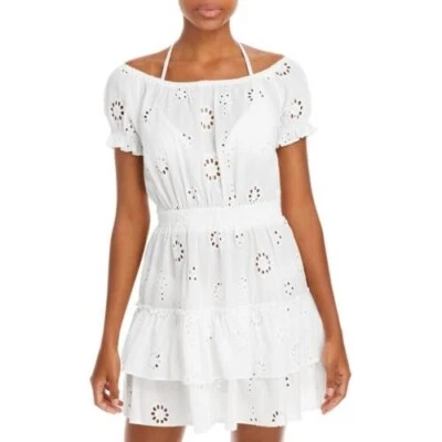 Aqua IVORY Eyelet Tiered Peasant Cover-up Dress, US Small