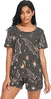 [RPLIFE] Moon Bat Women Short Pajama Set, Matching Lounge Set, Moon Bat, Small