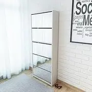 Shoe Cabinet 5-Layer Mirror White, Slim Entryway Shoe Storage Cabinet with Flip Drawers, Space-Saving Wood Shoe Organizer, 63x17x169.5 cm