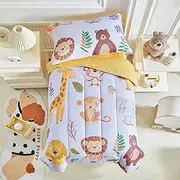 Joyreap 4 Piece Toddler Bedding Set- Cartoon Zoo Theme Animals Purple Toddler Comforter Set, Includes Quilted Comforter, Fitted Sheet, Top Sheet, and Pillow Case
