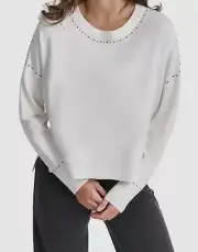 DKNY Women's White Studded Drop-Shoulder Crew-Neck High-Low-Hem Sweater Size L