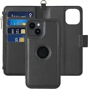 [Kitzomi] iPhone 13 Case iPhone 14 Case Wallet with Detachable Magnetic Flip Cover and RFID Blocking Credit Card Slots,Premium PU Leather Protective and Zipper Pocket for iPhone 13/14 Case,Black