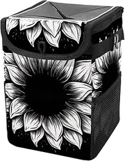 Car Trash Can with Lid and Storage Pockets Leak-Proof Organizer,Multipurpose Trash Bin for Car,Black and White Sunflower Lines