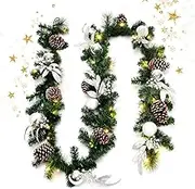 2.7M Christmas Garland, Pre-lit Xmas Pine Wreath w/50 LED Lights 145 Branches Tips Timer, Pinecones, Sliver Baubles, Xmas Hanging Artificial Indoor Outdoor Decoration Party Home Front Door Wall Decor