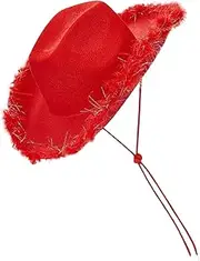 [Generic] Cowgirl hat with trim, cowgirl hat with feather boa, teenage girls with feather brim, cowboy hat for women with feather brim, Red Silver Wire