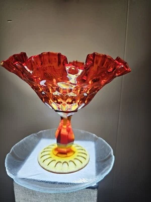 Vintage Fenton Amberina Diamond Point Compote Dish w/ Cadmium Glow