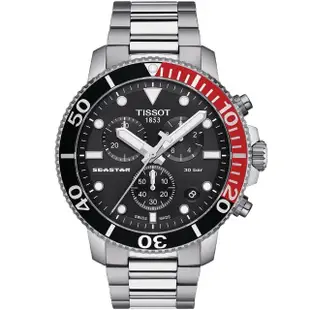 【TISSOT 天梭 官方授權】Seastar 1000海星300米潛水三眼計時錶-45.5mm/紅黑 母親節 禮物(T1204171105101)