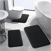 3 Piece Bathroom Rugs Bath Mat Set, Velvet Memory Foam Bath Mats for Bathroom - Non-Slip, PVC Backing Bath Rugs, Washable Bathroom Rug Mats - Dries Quickly, Black Bathroom Rug Set