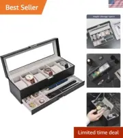 Elegant 6-Slot Watch Box with Glass Lid and Drawer - Black Display Case