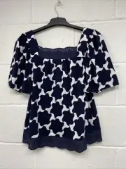 Next Navy Blue And White Print Flutter Sleeve Top Size 8 PK