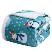 Sherpa Fleece Bed Blanket Queen Queen(90x90 Inches) Green Snowman