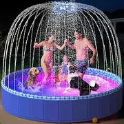 Foldable Dog Pool with Sprinkler RGB LED Light, 94" Collapsible Hard Plastic Kiddie Swimming Splash Pool for Small Medium Large Doggie Kitty Puppy, Pet Bathing Tub Wading Pool for Dogs Blue