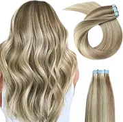 YILITE Tape in Remy Hair Extension Color 18 Ash Blonde Highlighted 613 Bleach Blonde Hair Extensions, #P18/613 Ash Blonde Highlighted Bleach Blonde(12inch P18/613)