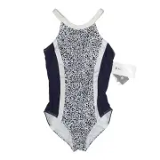 Athleta One Piece Swimsuit Size 34D/DD Navy Blue Zimbabwe UPF 50+ Animal Print