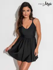 Pour Moi Black Black Fiji V-Neck Tummy Control Swim Dress (B46280) | $127