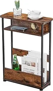 CATZONS Vintage Side Table with Storage Shelf, 3 Tier Thin Sofa End Table for Narrow Spaces,Skinny Bedside Table with Magazine Rack (Rustic Brown)