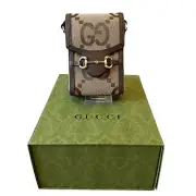 GUCCI Jumbo GG Mini Messenger Phone Bag in Logo Canvas Camel Ebony New
