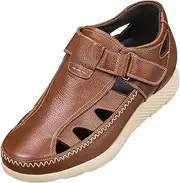 [CALTO] Men's Invisible Height Increasing Elevator Shoes - Premium Leather Lightweight Fisherman Sandals - 2.8 Inches Taller