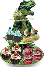 yloQwest Dinosaur Cupcake Stand 3 Tier Cupcake Stand for Kids Boys Jungle Theme Decoration, Jungle Theme Kids Birthday Party Supplies