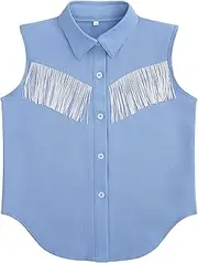 [Kukume] Girls Fringe Shirt Sleeveless Button Down Western Cowgirl Tassel Trim Casual Blouse Shirt Top 4-13Y
