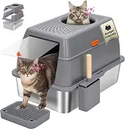 Stainless Steel Litter Box with Lid, SUS304 Metal Cat Litter Box, Enclosed Extra Large Kitty Litter Box High Wall, Jumbo Cat Box with Triple Pedal, Non-Sticky, Anti-Leakage (XL Gray)