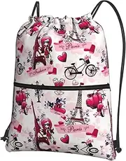 Cityscape Paris Eiffel Tower France Print Drawstring Backpack Gym Bags Sports Bags With Zipper Pocket For Travel Swimming Beach, Black, One Size