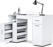 Ufurniture Manicure Table Built-in Dust Collector, Nail Desk for Nail Tech w/Wrist Pad, Glass and Wooden Top Nail Table Station with Drawers Shelves Storage, Rolling Wheels,Acetone Resistant (White)